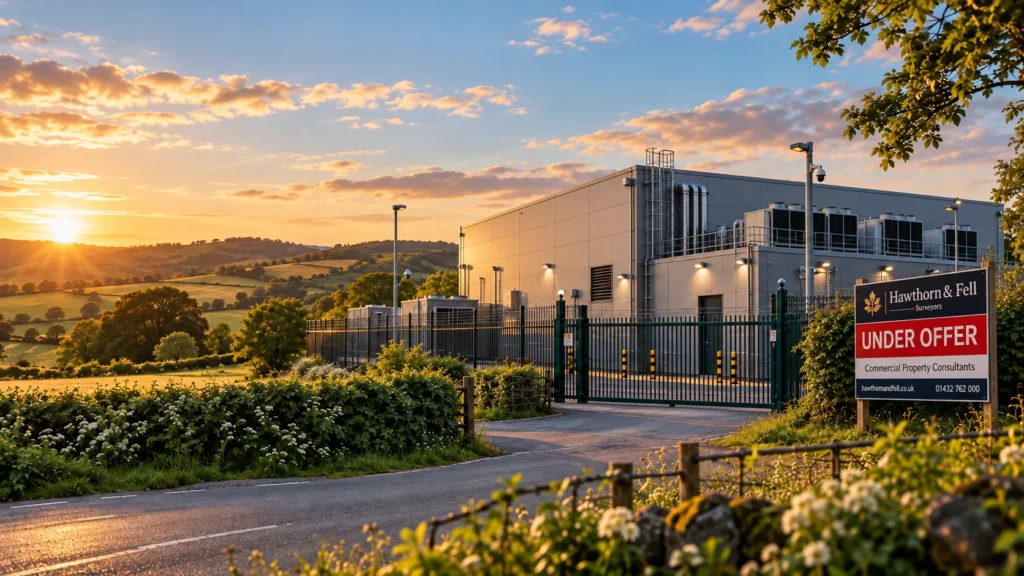 Data centre in the British countryside with an Under Offer sign outside its secure entrance.
