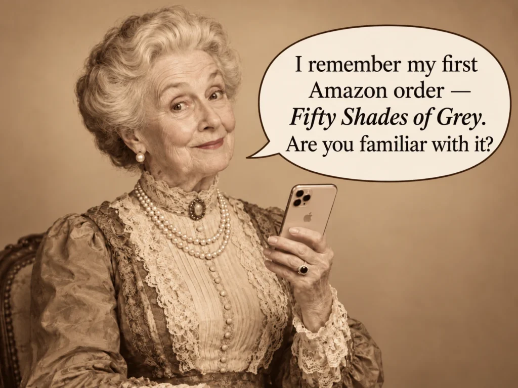 Sepia portrait of a great-grandmother holding an iPhone and joking about her first Amazon order